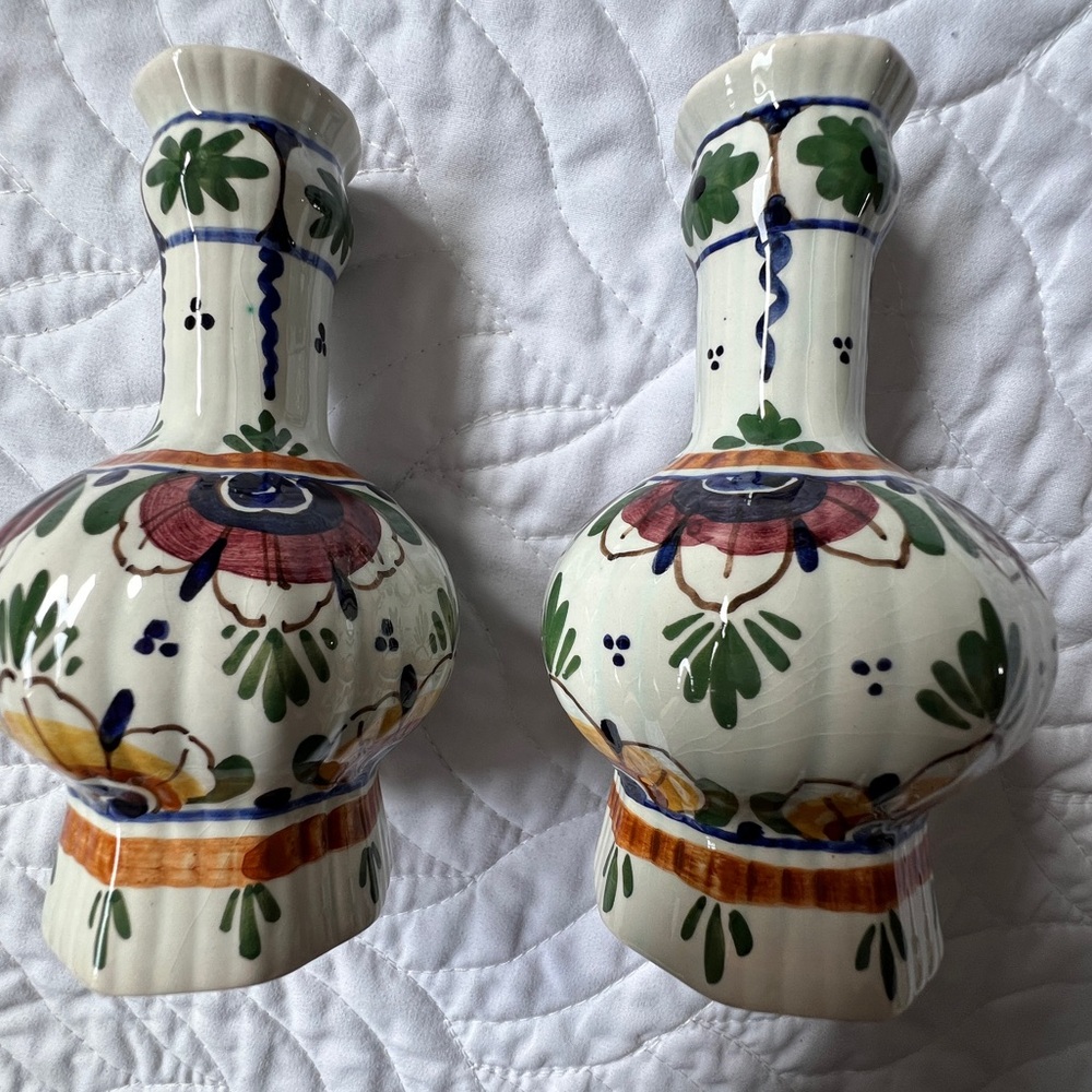 Delft Holland authentic Hand-Painted Floral Ceramic Vases Green, Blue, and Red